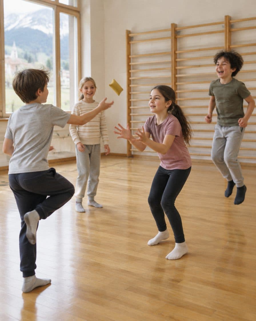 Vier Kinder, zwei Jungen und zwei Mädchen, werfen sich in einer hellen Turnhalle ein Bohnensäckchen zu; einer springt, eine balanciert auf einem Bein